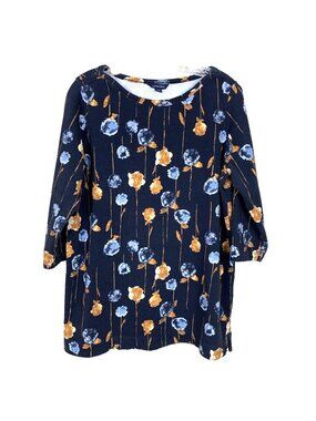 Lands End Womens L Petite LP Tunic Floral Terry Navy Blue Boat Neck Cotton Knit